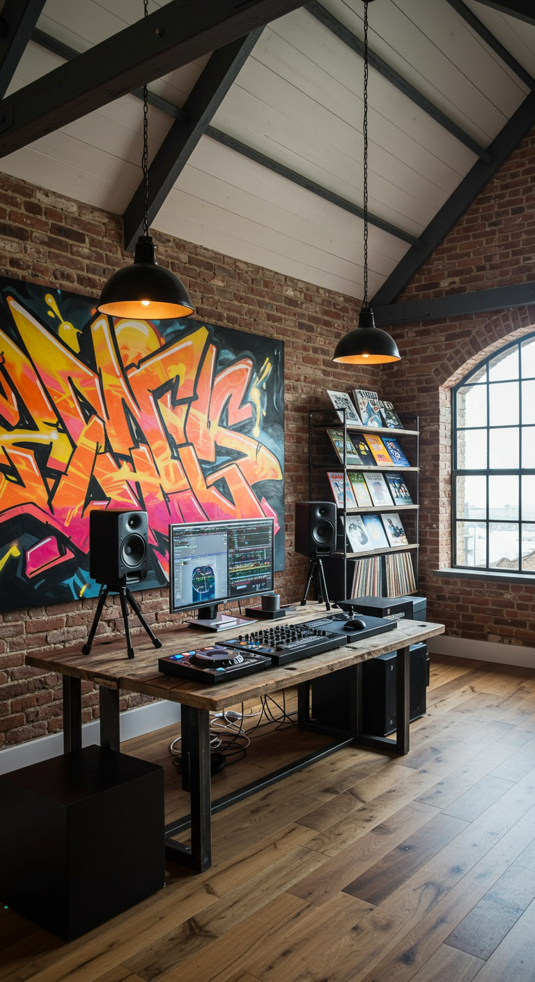 Musikstudio im Industrial-Look mit Backsteinwand, Graffiti und DJ-Equipment.