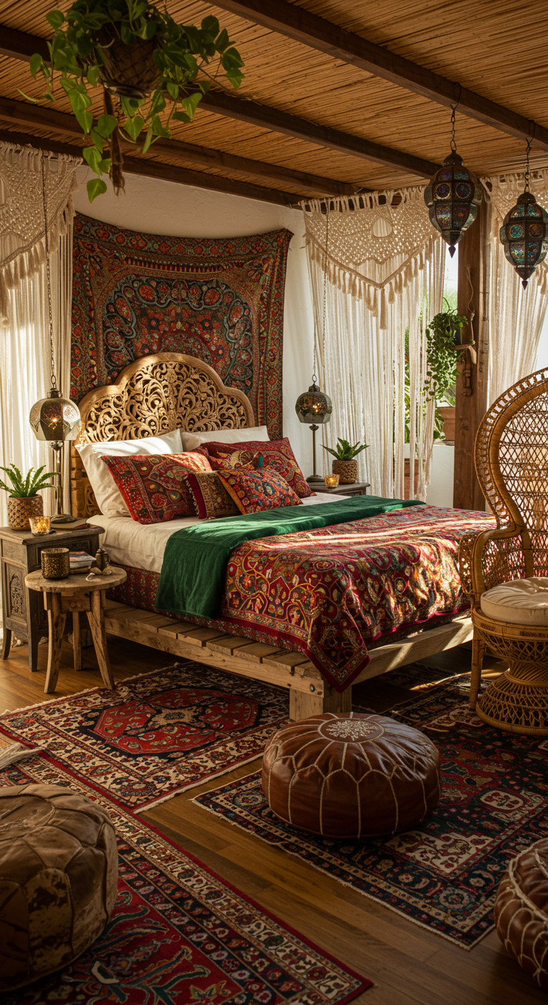 Bohemian Schlafzimmer mit geschnitztem Holzbett, bunten Textilien und Rattanmöbeln.