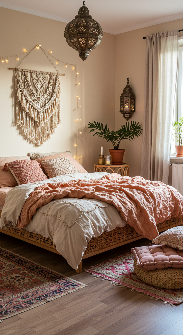 Boho-Schlafzimmer mit Makramee, Rattanbett und rosa Textilien.