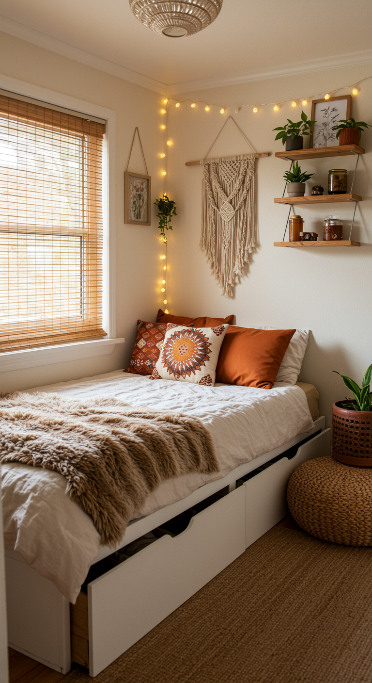 Boho-Schlafzimmer mit Bett mit Schubladen, Lichterketten und Pflanzen.