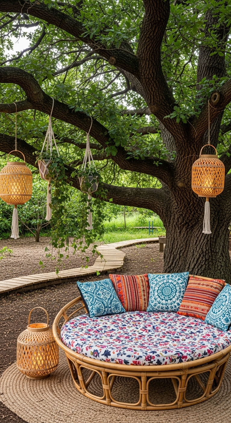 Rundes Rattan-Tagesbett mit bunten Kissen unter großem Baum, mit Laternen und Jute-Teppich.