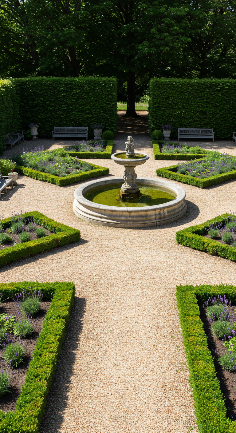 Runder Springbrunnen als Mittelpunkt eines formalen Gartens mit symmetrischen Lavendelbeeten.