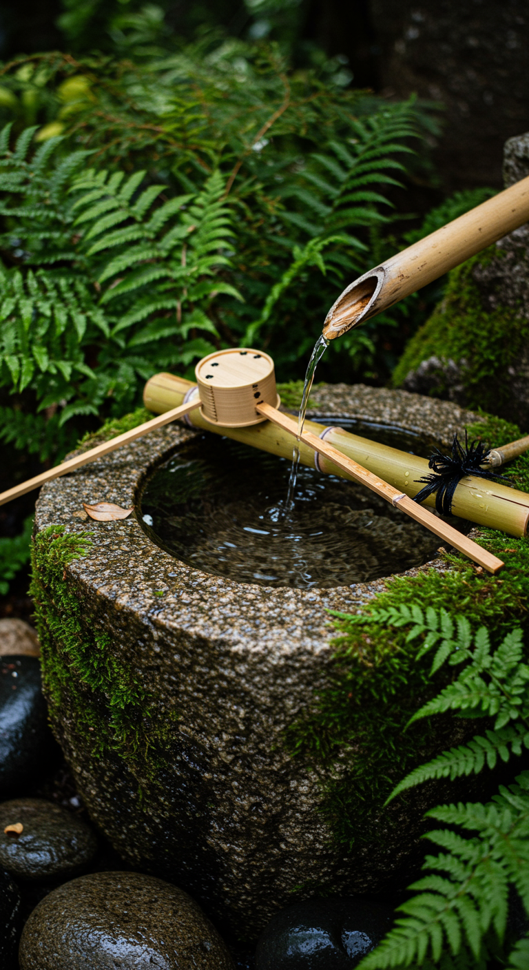 Traditionelles japanisches Wasserbecken (Tsukubai) aus Stein mit Bambusrohr.