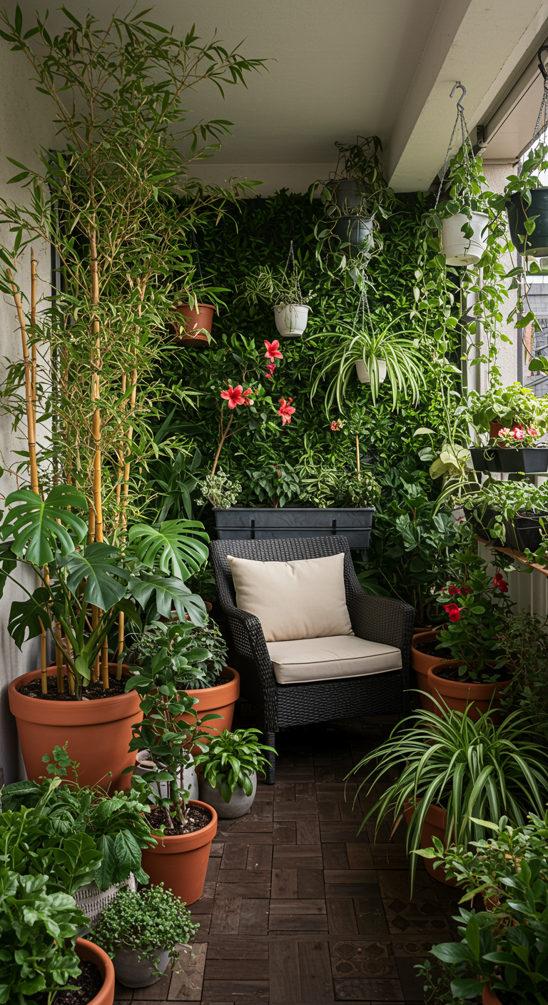 Üppig bepflanzter Balkon mit Korbsessel und vielen grünen Pflanzen in Töpfen.