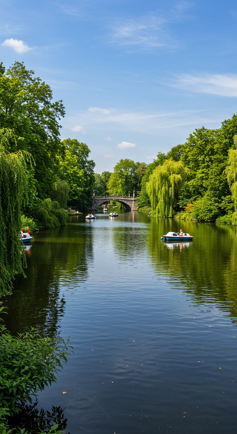 Großer See mit Tretbooten, Trauerweiden und einer Steinbrücke im Hintergrund.