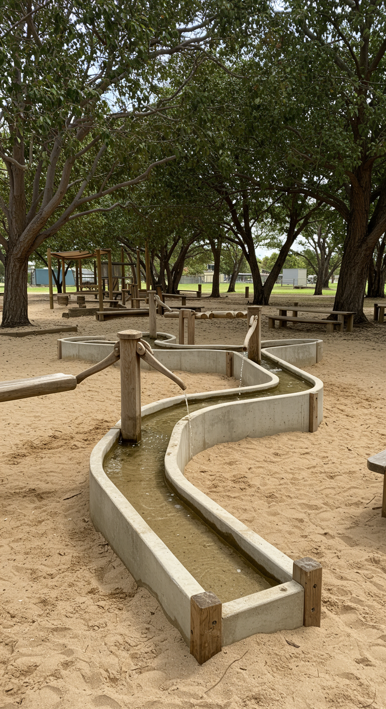 Geschwungene Wasser-Matsch-Anlage aus Beton und Holz im Sandkasten.
