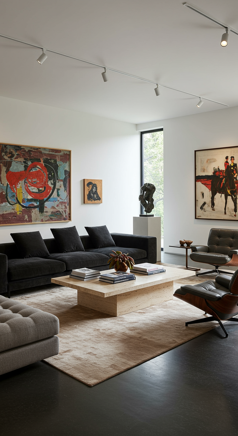Wohnzimmer mit moderner Kunst, schwarzem Samtsofa und Design-Sessel.