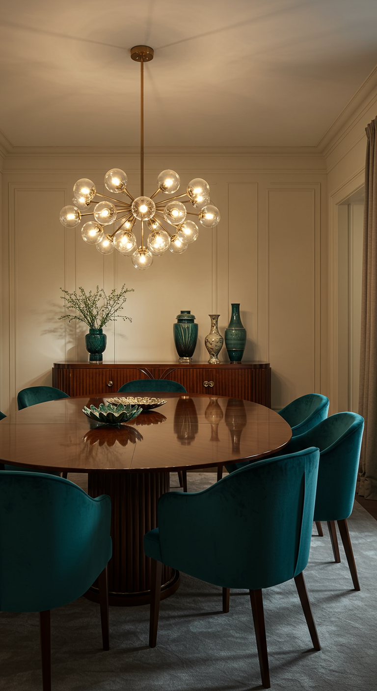 Elegantes Esszimmer mit rundem Holztisch und petrolfarbenen Samtstühlen.