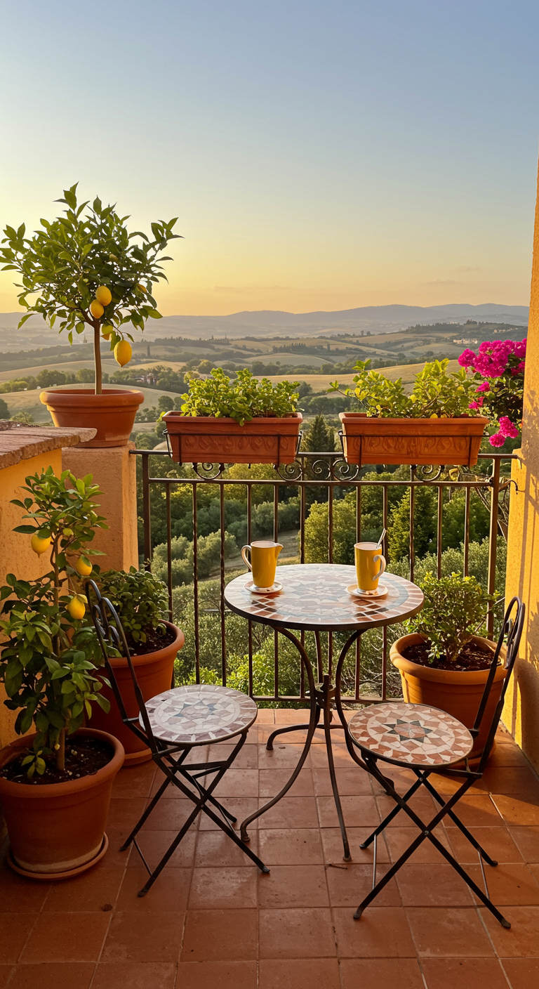 Balkon mit Zitronenbäumen in Terrakotta-Töpfen und Bistrotisch bei Sonnenuntergang.