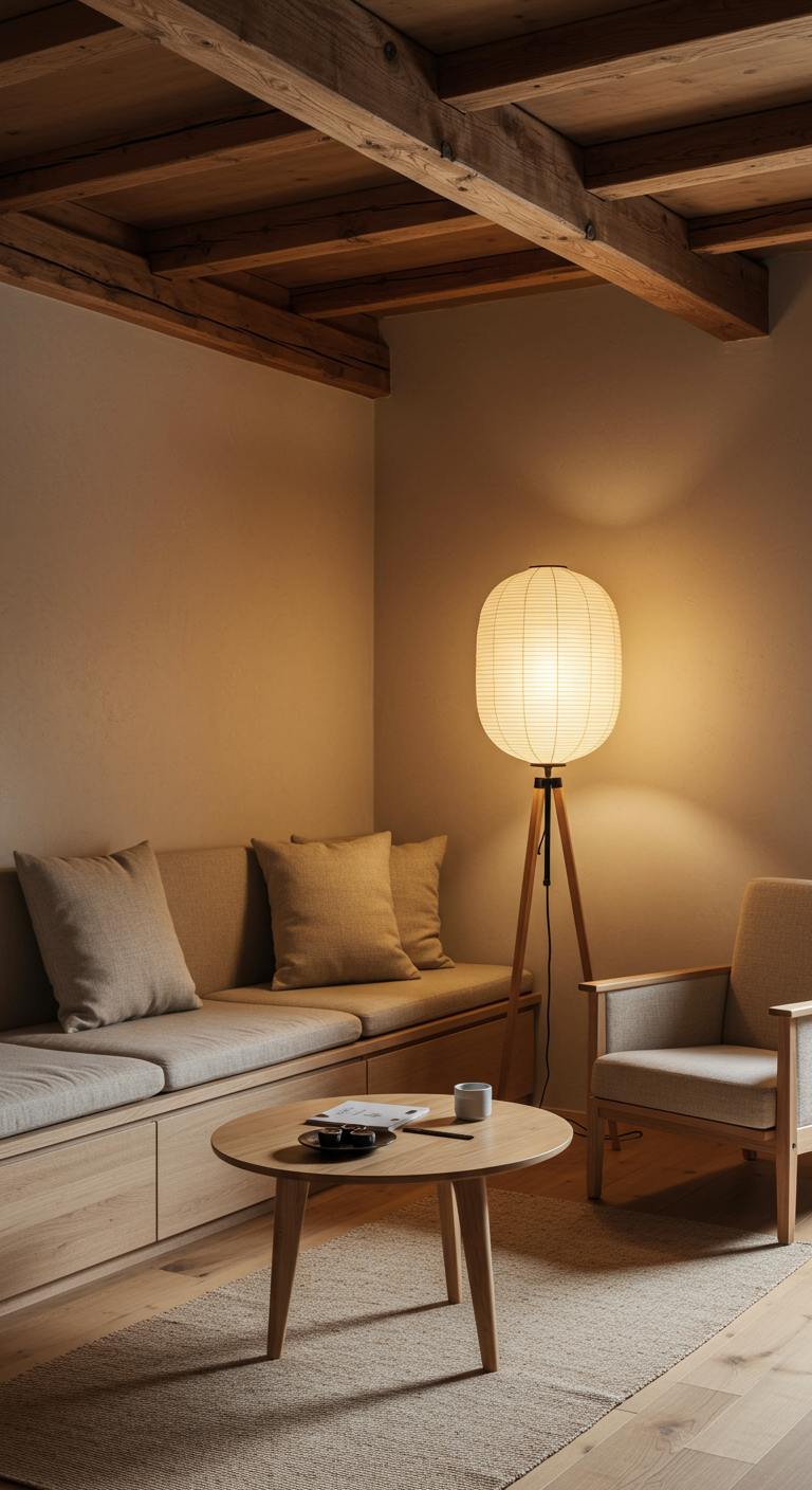 Gemütliche Japandi-Ecke mit eingebauter Holzbank und Papierlampe.