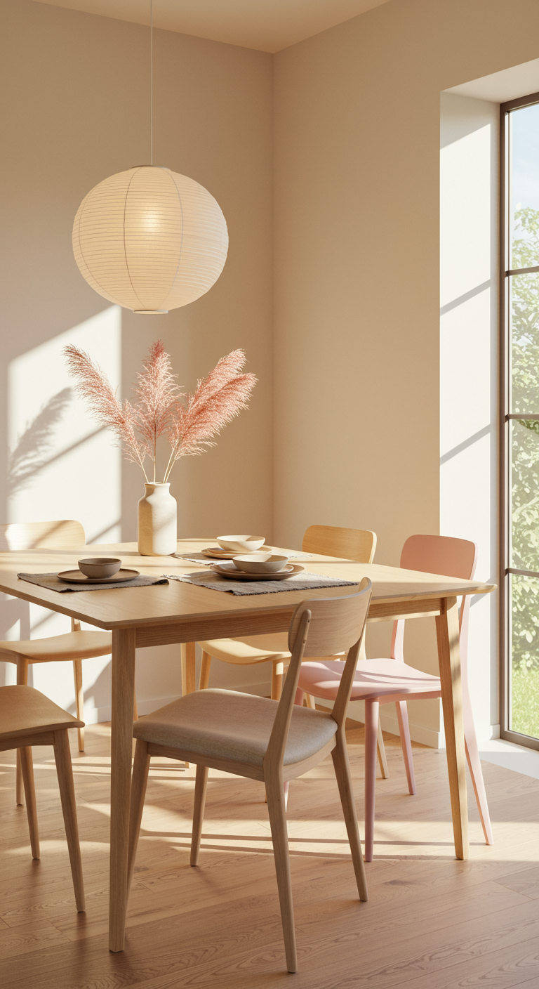 Japandi Essbereich mit Holztisch, Papierlaterne und einem rosa Stuhl.