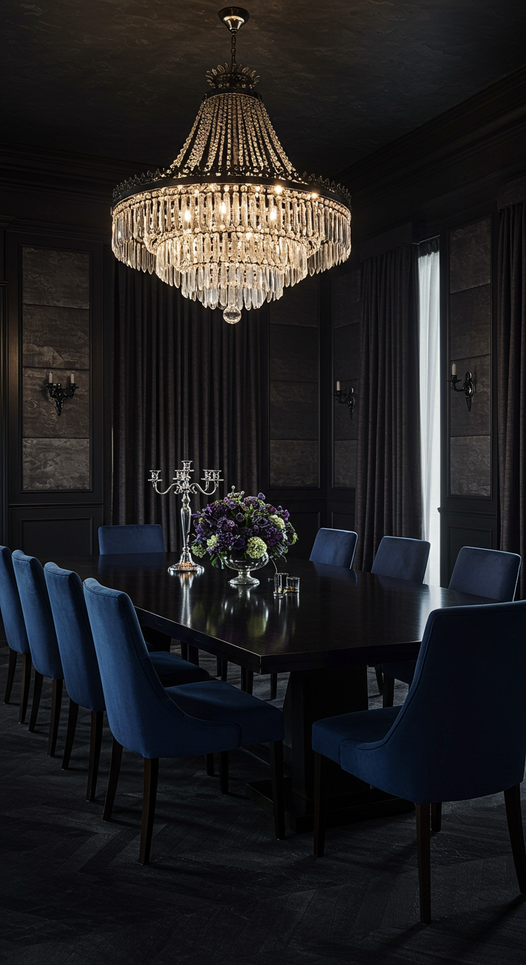 Dunkles Esszimmer mit Kristallleuchter, Holztisch und blauen Samtstühlen.