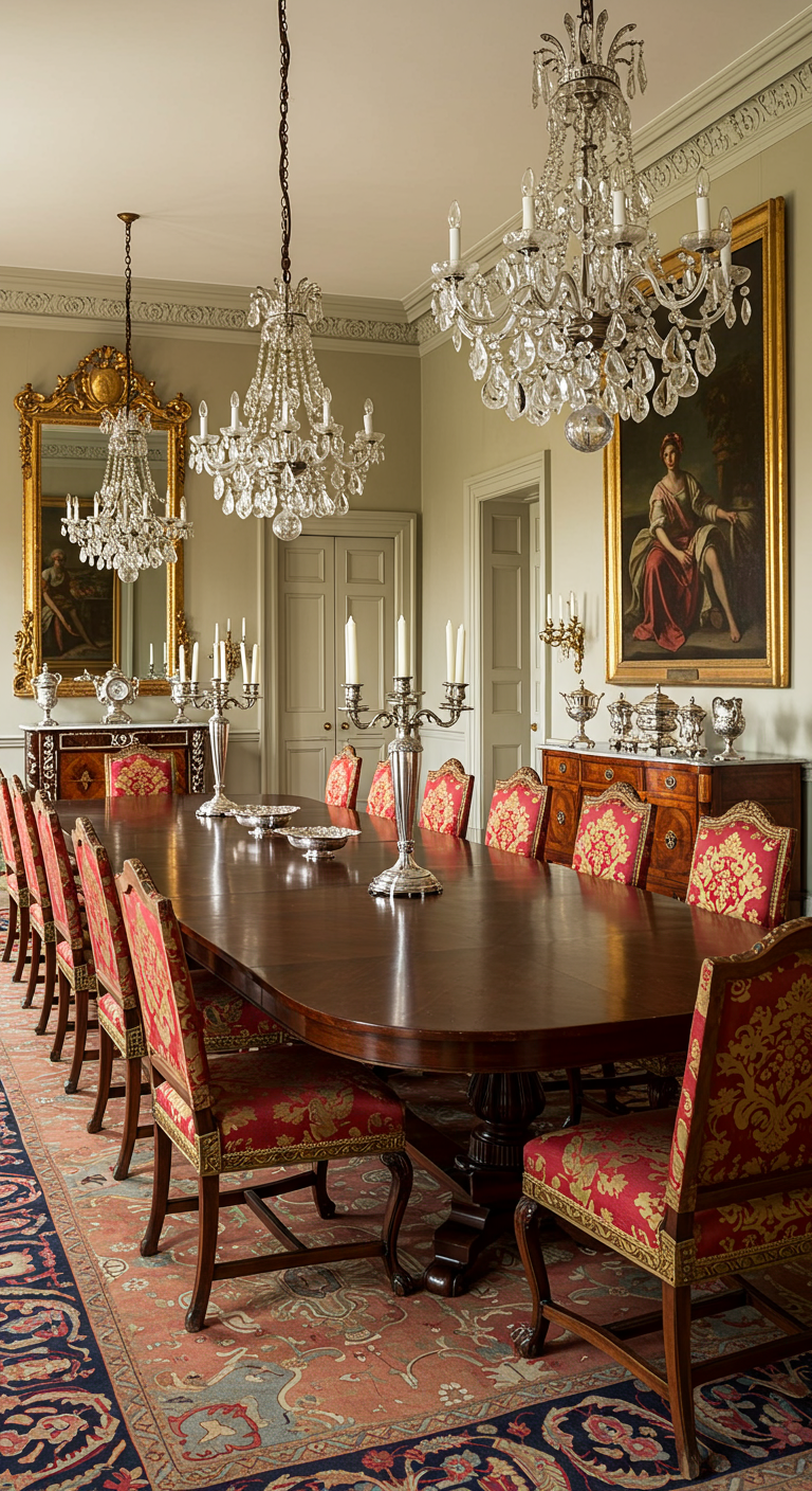 Prunkvoller Speisesaal mit langem Holztisch, Kristallleuchtern und verzierten Stühlen.