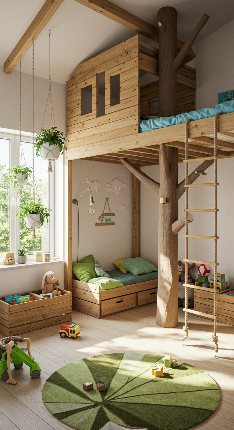 Kinderzimmer mit einem Hochbett, das wie ein Baumhaus aus Holz gestaltet ist.