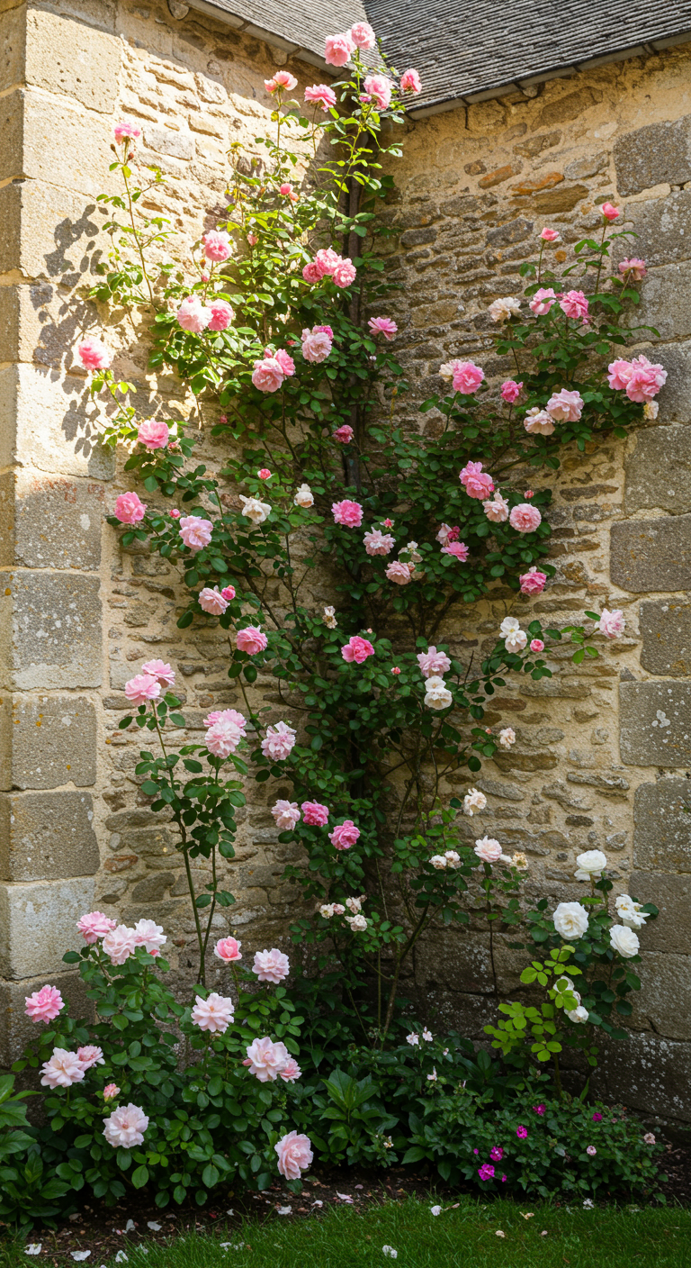 Üppige rosa Kletterrosen ranken an einer alten Steinmauer empor.
