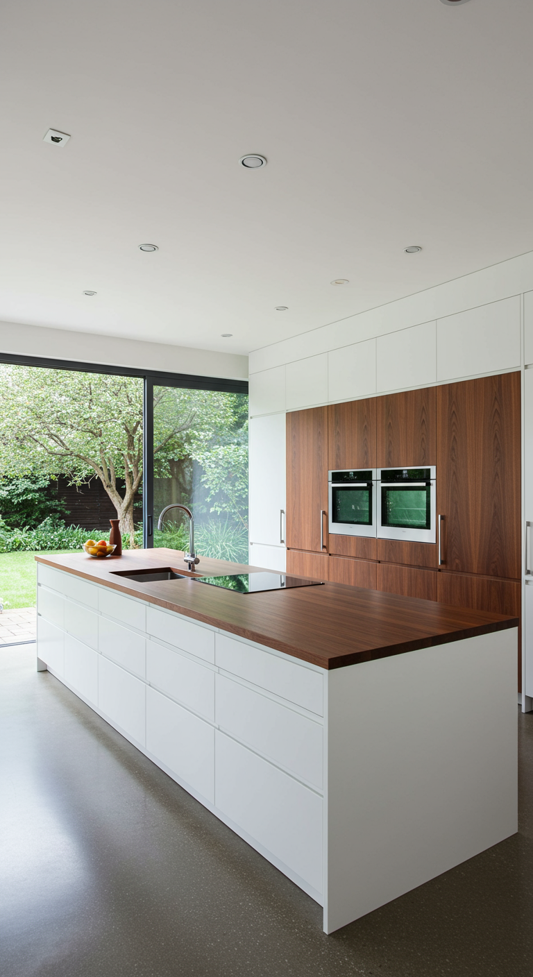 Moderne Küche mit dunkler Holzwand, weißer Insel und Blick in den Garten.