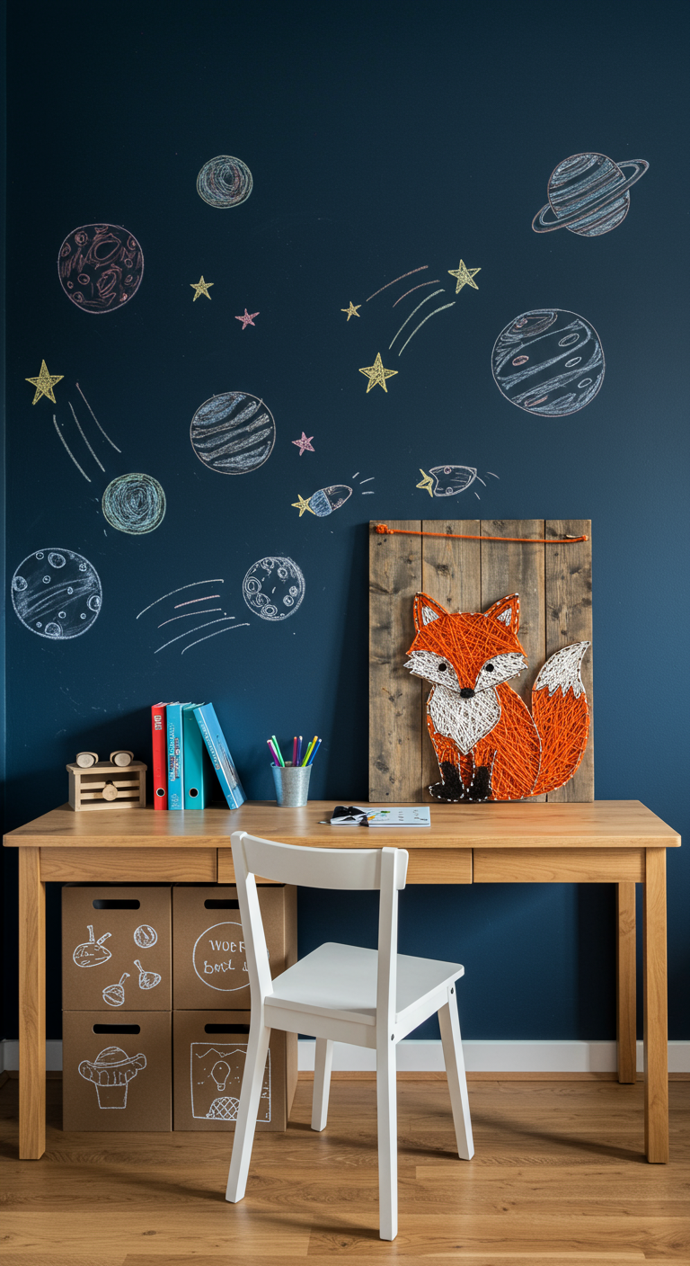Kinderzimmer mit dunkelblauer Tafelwand, Holztisch und DIY-Fuchsbild.
