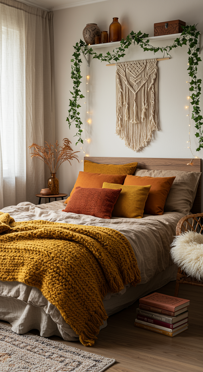 Gemütliches Schlafzimmer in Erdtönen mit Makramee und Lichterketten.