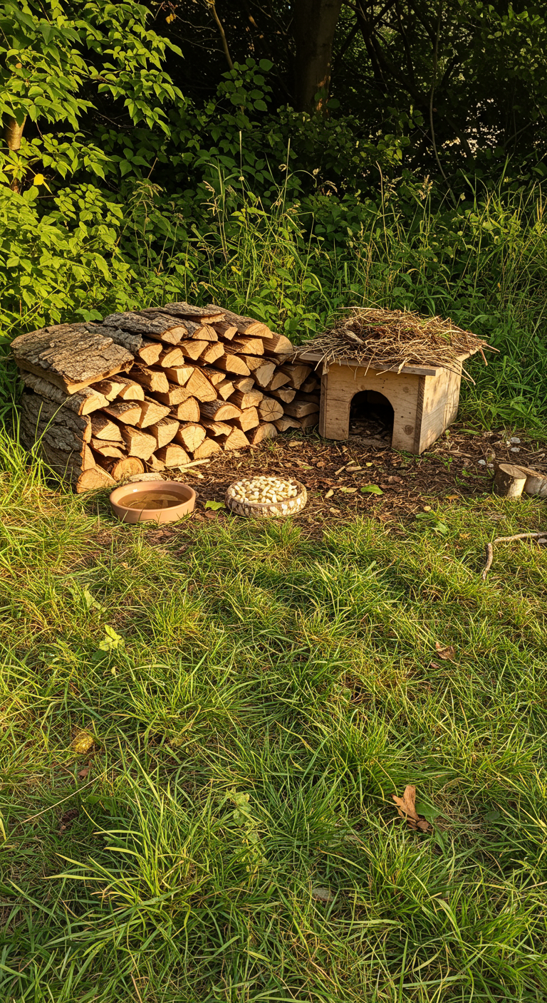Igelhäuschen und Holzstapel am Waldrand, umgeben von Gras und Blättern.