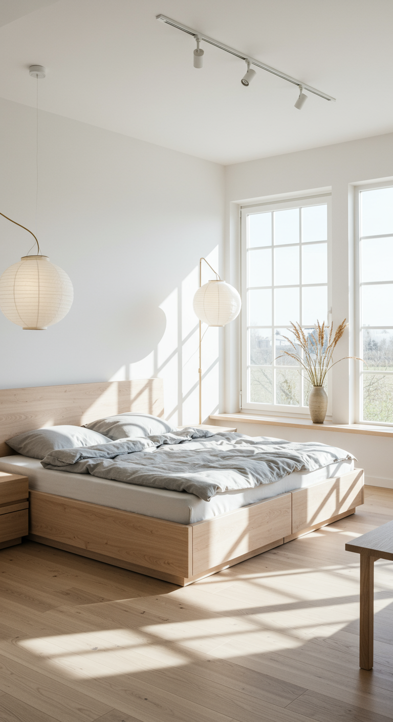 Helles Japandi-Schlafzimmer mit Holzbett, Schubladen und großen Fenstern.