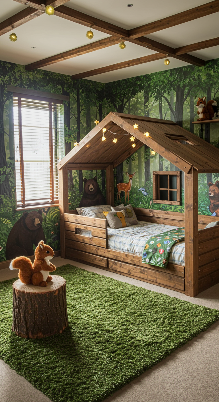 Kinderzimmer mit Wald-Motto und Hausbett mit Lichtern.