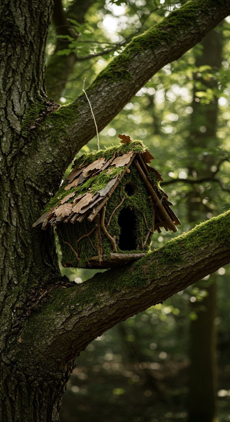 Rustikales Vogelhaus aus Ästen und Moos in einem Baum, umgeben von grünem Wald.