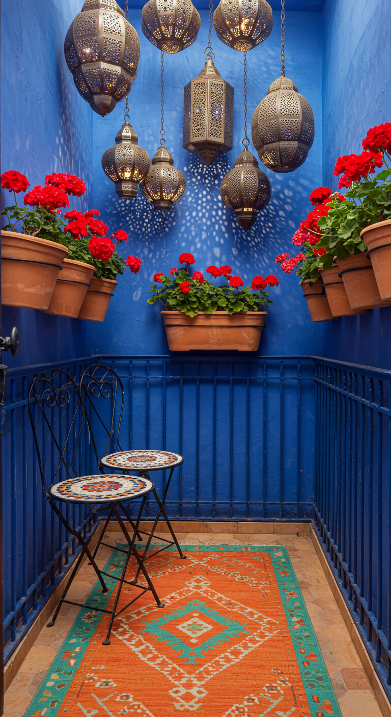 Blauer marokkanischer Balkon mit roten Geranien und Laternen.