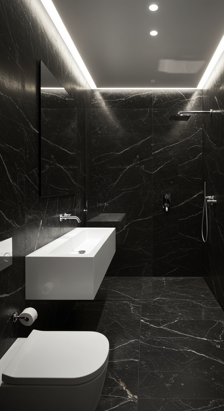 Modernes Badezimmer mit schwarzen Marmorfliesen und langem weißen Waschbecken.