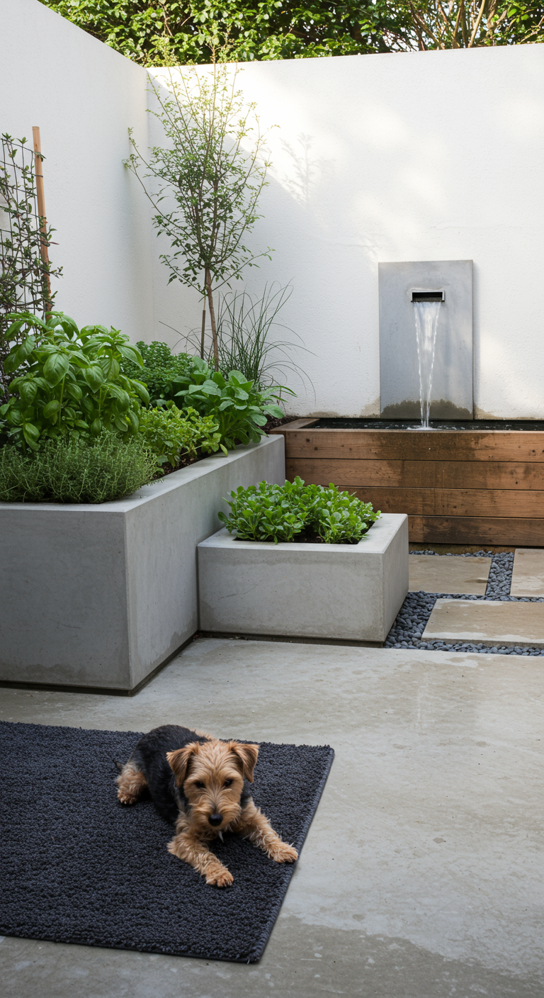 Kleiner Hund liegt auf Teppich in modernem Beton-Hof mit Kräuterbeeten und Wasserfall