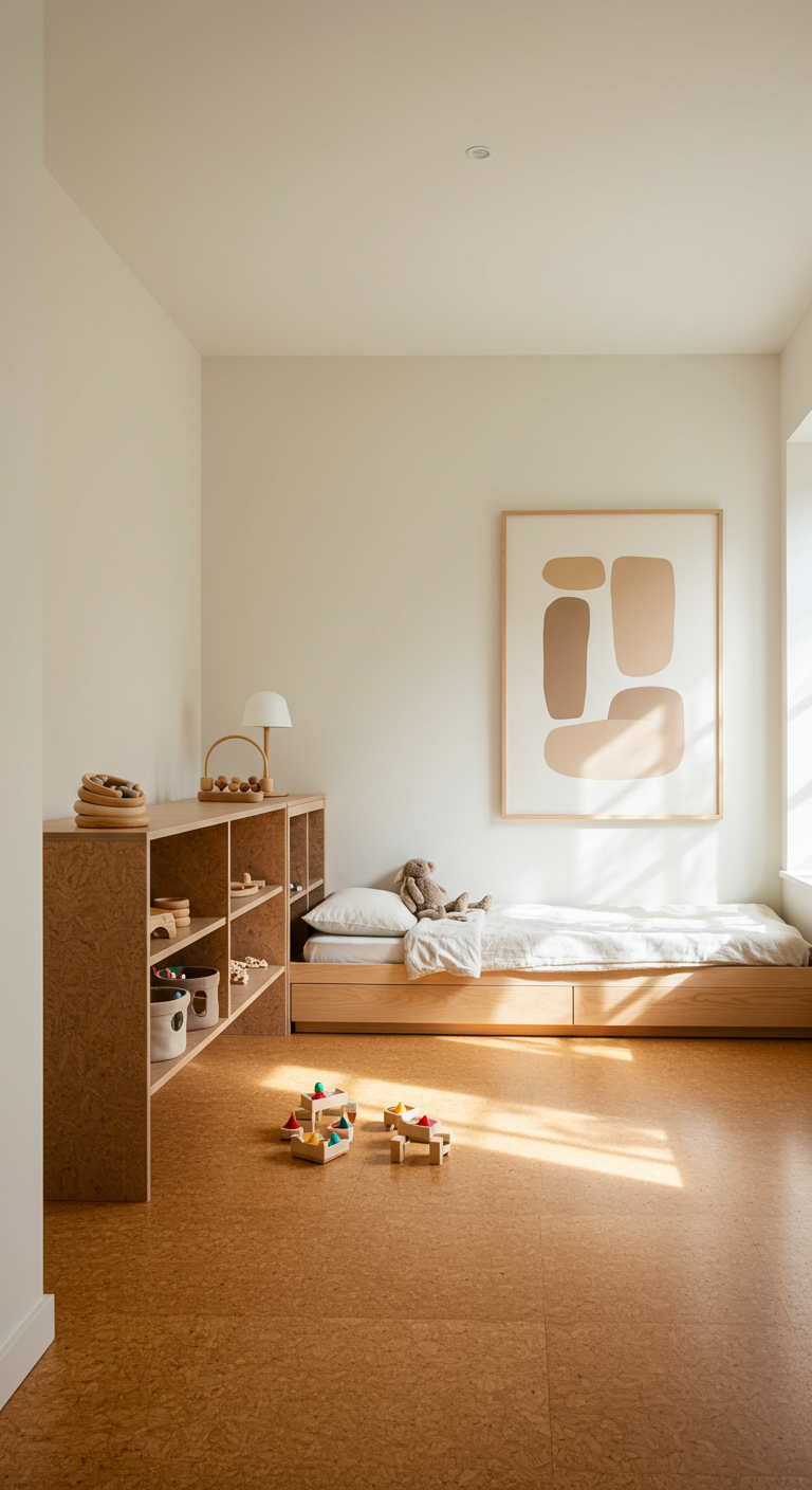 Minimalistisches Kinderzimmer mit integriertem Bett und Regal aus OSB, Korkboden, abstraktes Bild.