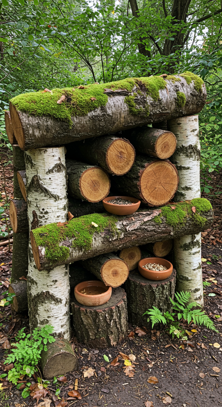 Moosbewachsener Holzstapel mit Futter- und Wasserschalen für Wildtiere im Wald.