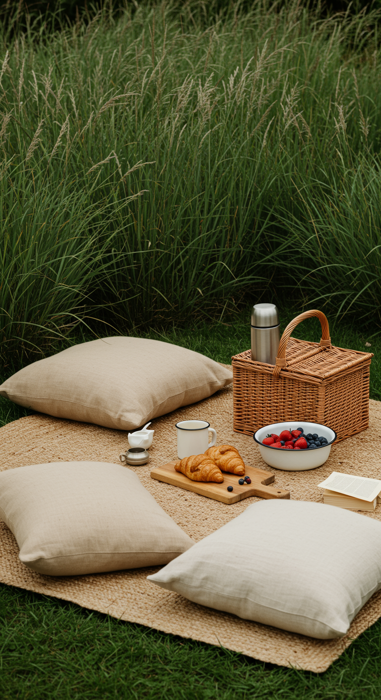 Picknick auf einer Jutedecke mit Weidenkorb, Croissants, Beeren und Kissen.