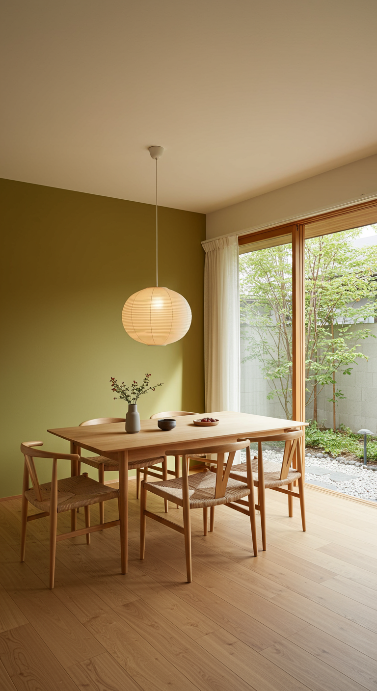 Japandi Essbereich in Olivgrün mit Holztisch, Papierlaterne und Gartenblick.