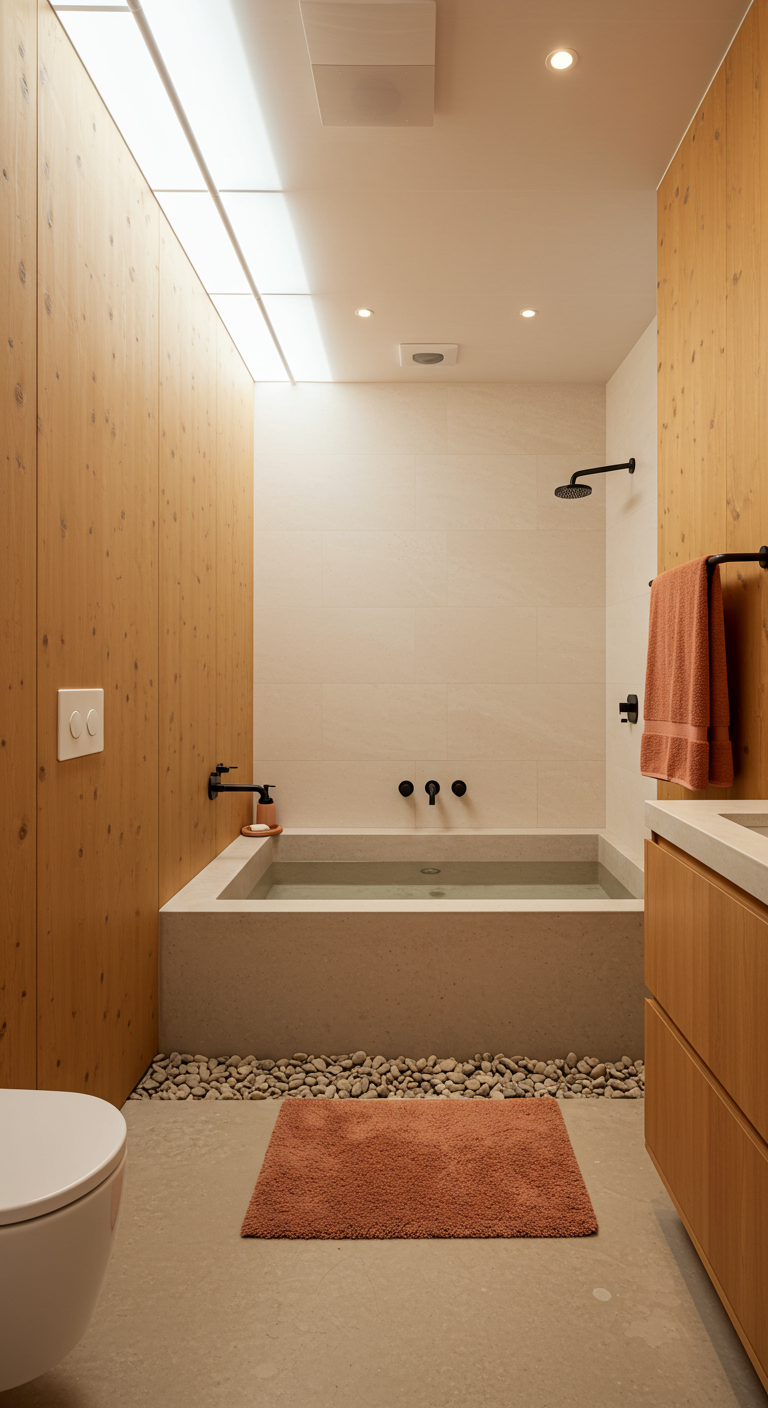 Minimalistisches Bad im japanischen Stil mit Steinwanne, Holzverkleidung und Kieselsteinen.