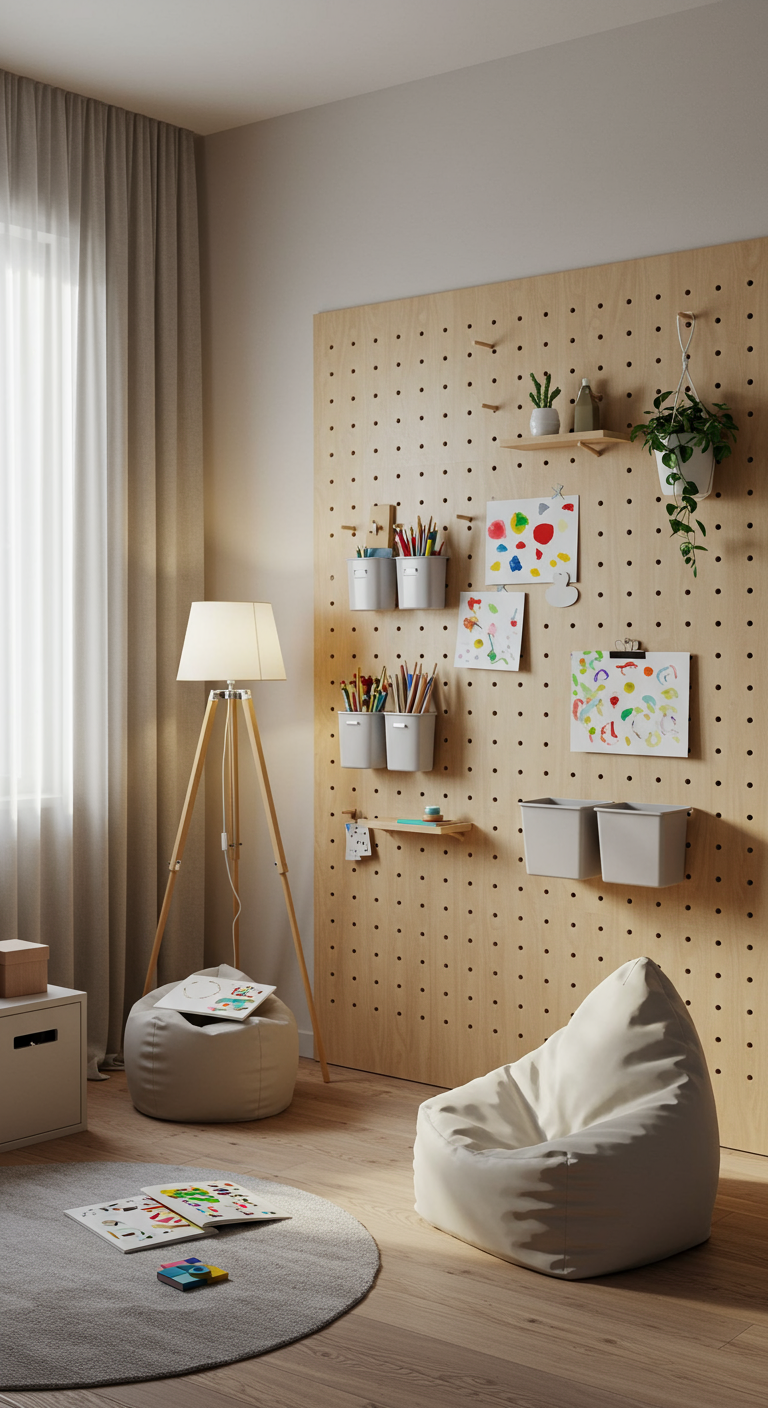Helle Kinderzimmerecke mit großer Lochwand, Sitzsäcken und Malutensilien.