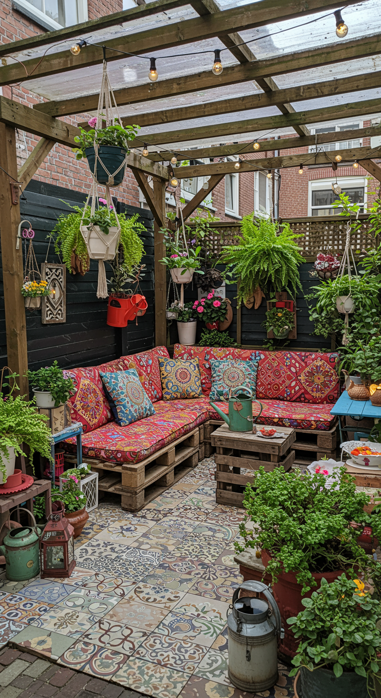 Paletten-Lounge mit bunten Kissen, Pergola, Lichterketten und vielen Pflanzen im Hinterhof.