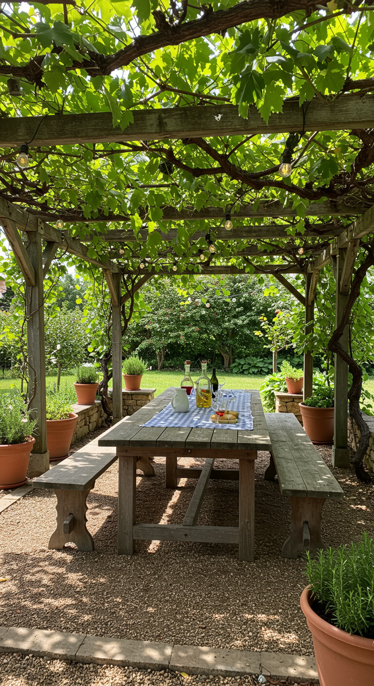 Lange Holztafel mit Bänken unter einer Weinreben-Pergola, auf Kiesboden mit Kräutertöpfen.