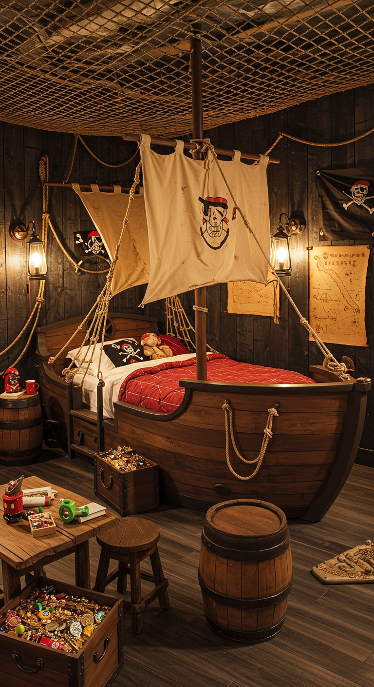 Abenteuerliches Piraten-Kinderzimmer mit Schiffs-Bett und Schatzkisten.