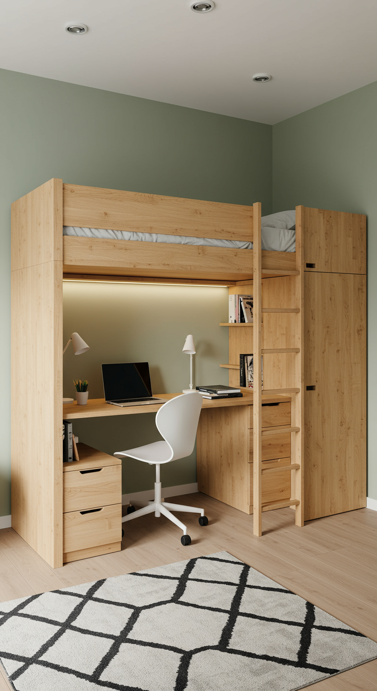 Hochbett aus Holz mit integriertem Schreibtisch, Schubladen und Schrank.