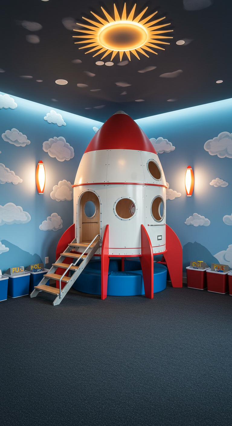 Kinderzimmer mit großer begehbarer Spielrakete und Wolkenwand.