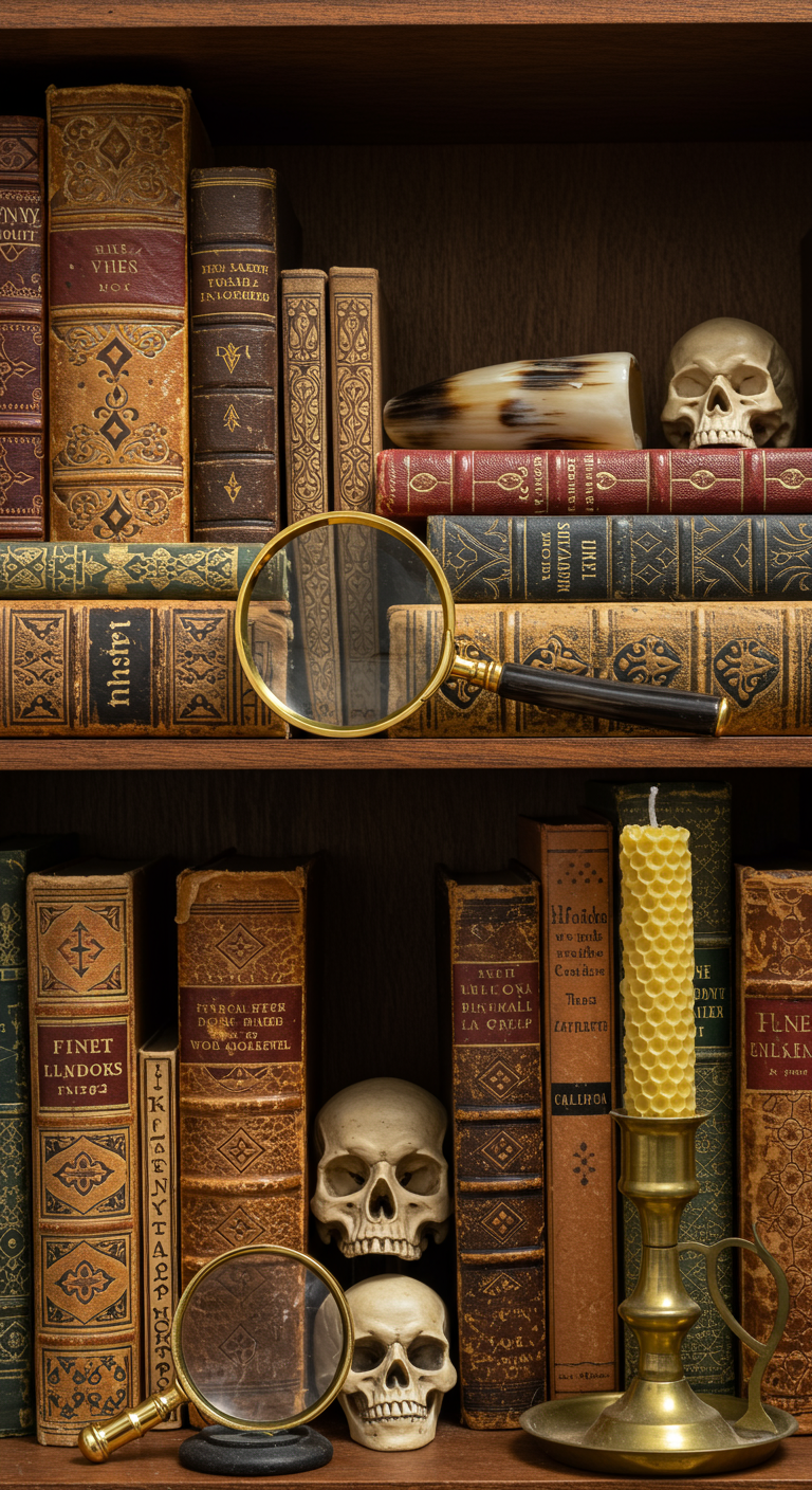 Bücherregal mit alten Büchern, Totenköpfen, Lupe, Horn und Kerze.