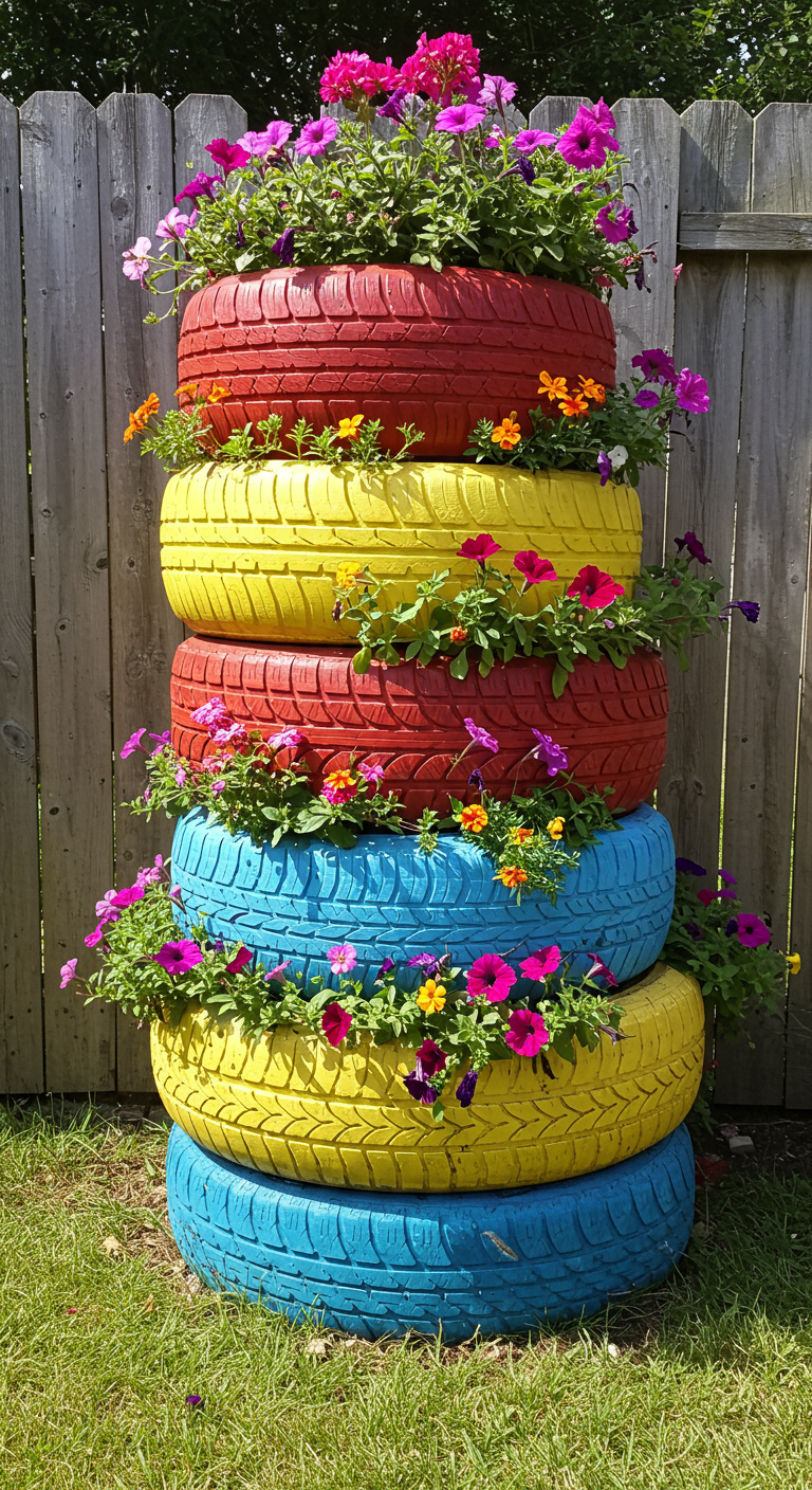 Turm aus bunt bemalten Autoreifen, bepflanzt mit farbenfrohen Blumen.