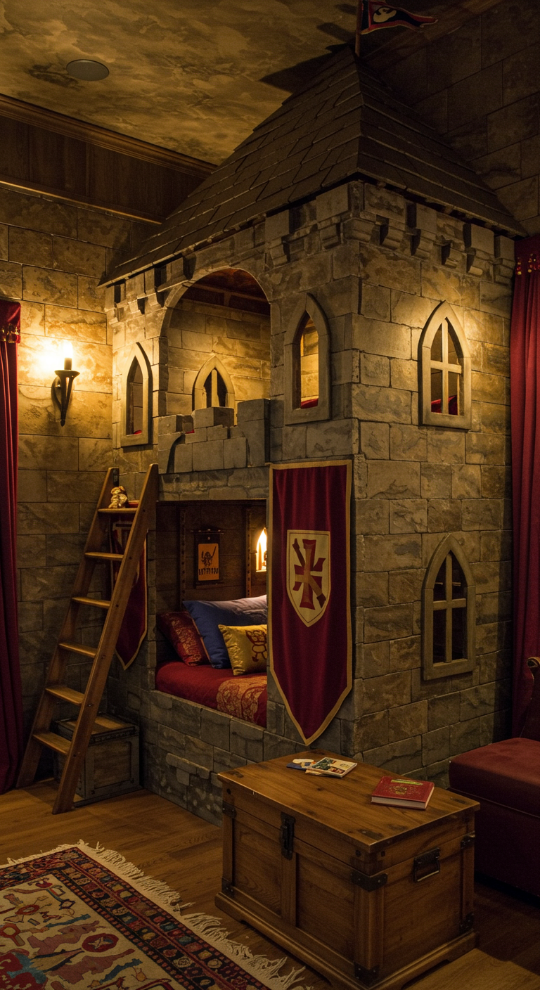 Kinderzimmer mit einem Etagenbett, das wie eine mittelalterliche Burg gestaltet ist.
