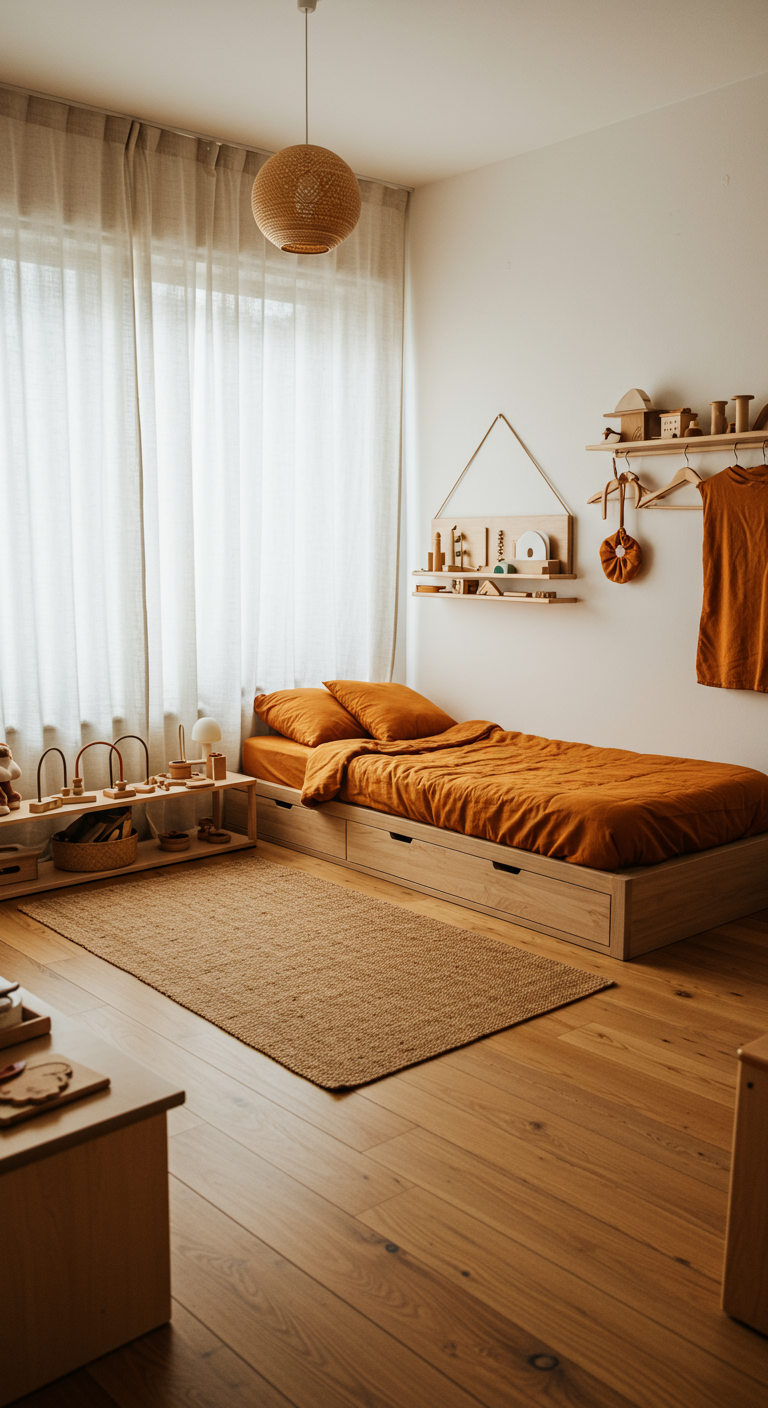 Kinderbett mit rostroter Bettwäsche und praktischen Schubladen darunter.