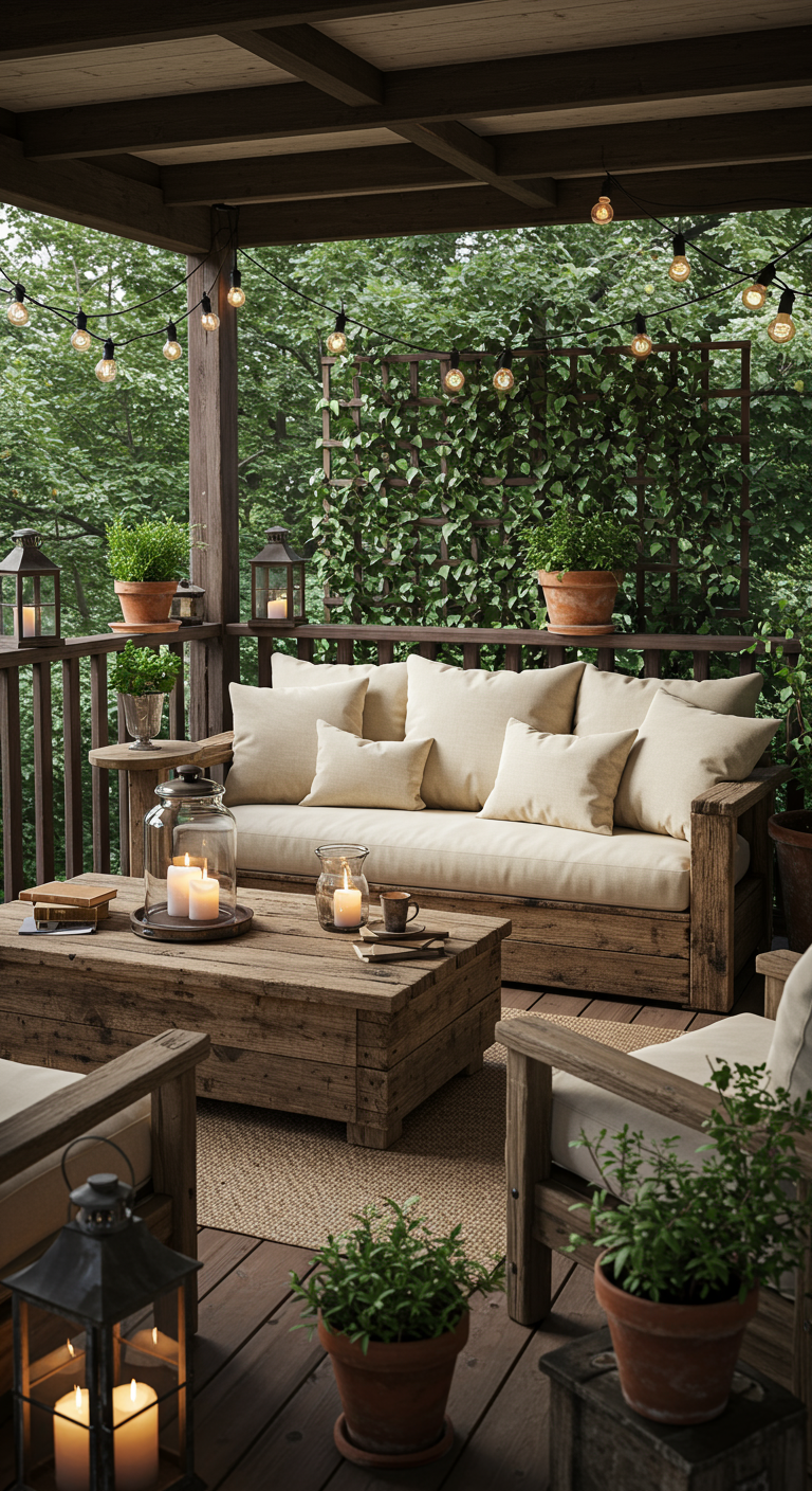 Rustikales Holzsofa mit cremefarbenen Kissen, Laternen und Lichterketten auf einer Veranda.