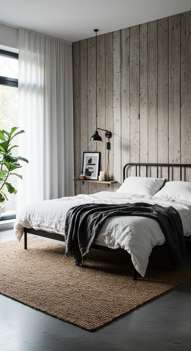 Skandinavisches Schlafzimmer mit Altholzwand und schwarzem Metallbett.