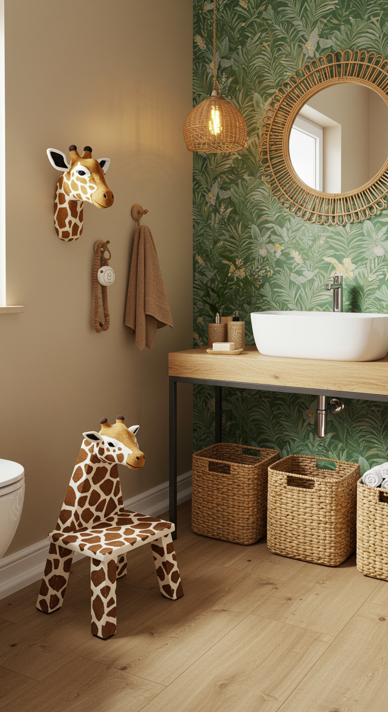 Kinderbad im Safari-Stil mit Giraffen-Deko, grüner Blättertaspete und Holzelementen.