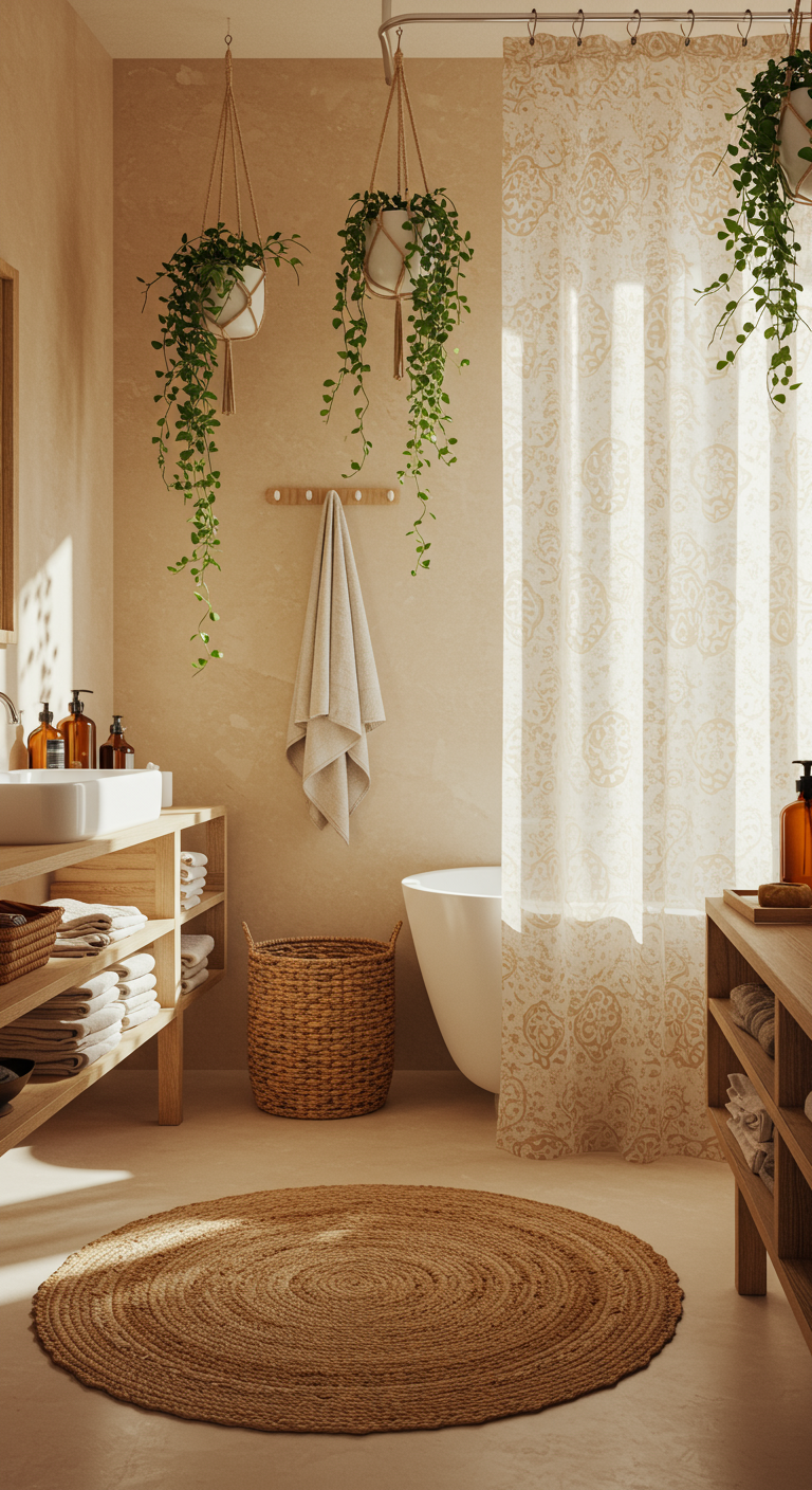 Helles Badezimmer in Beigetönen mit Holzregalen und Hängepflanzen.
