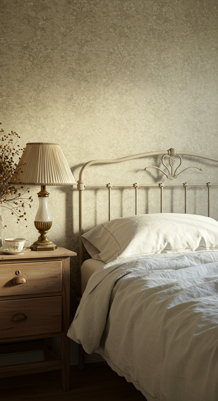 Schlafzimmer mit heller floraler Tapete, Metallbett und Nachttisch aus Holz.