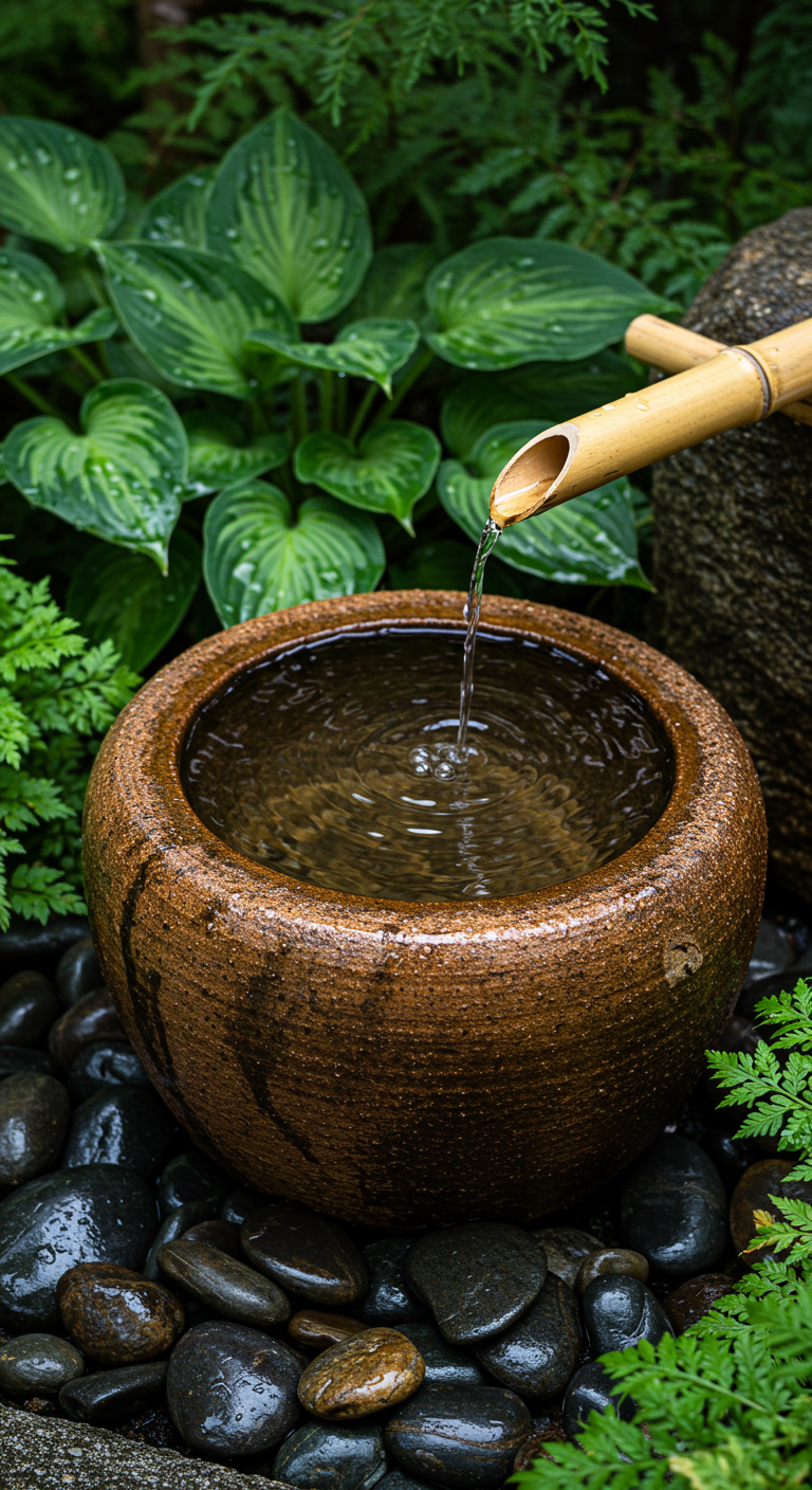 Kleines japanisches Wasserbecken aus Keramik mit Bambusrohr und Kieselsteinen.